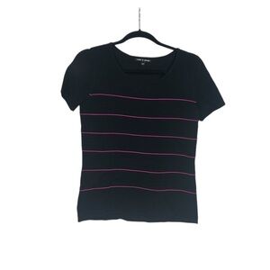 Cable & Gauge Sweater Short Sleeve Black Pink Stripes Size Medium